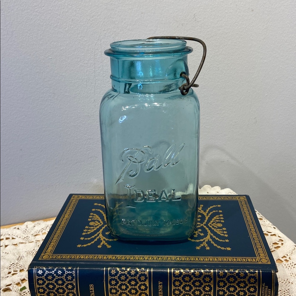 Antique Ball Glass Canning Jar In Blue, Ideal patented 1908-NO LID